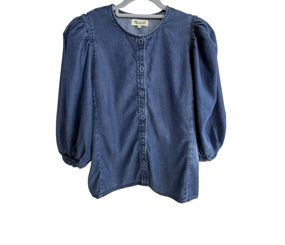 Madewell Puff Sleeve Button Front Denim Blouse Indigo Blue Top Women's 2 Classic